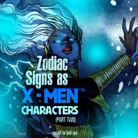Comic book art featuring a blue-skinned woman with white hair and lightning effects. The woman, who may be Storm from X-Men, is facing the viewer with blue eyes, and her hand is reaching up. Text overlays include "Zodiac Signs as X-Men Characters (Part Two)" and a call to scroll to find out more.