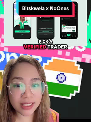 The image is a selfie-style shot with a woman in the foreground and app screenshots overlaid in the background. Vertical in layout, the top third features the text overlay "Bitskwela x NoOnes" on a black rectangle, positioned on top of three mobile phone app displays. Below this is the text "PICK A VERIFIED TRADER" on a pink background. The background has a pixelated design with shapes and colors, including the Indian flag. The creator is a woman with glasses and is looking at the camera.