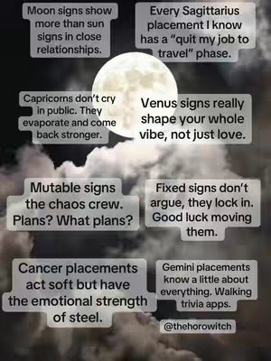 An image featuring text boxes with astrological insights against a backdrop of clouds and a full moon. The moon is centered, and each text box contains a specific statement or observation related to different astrological signs or placements.