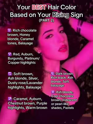 The cover image features a woman with fair skin and dark hair, illuminated by a pink light. She is positioned on the right side of the image, looking directly at the camera with a serious expression. On the left side, there is a list of hair colors associated with different zodiac signs. The text is white and organized in bullet points, with zodiac symbols preceding each color suggestion. The background is dark and slightly blurred, adding depth to the image.