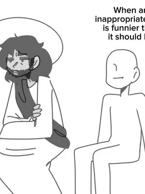 A black and white cartoon image with two main figures. On the left is a figure resembling Jesus, with long hair and a beard, wearing a white robe and a halo. He is looking downwards with a slight frown. On the right is a simplistic drawing of a person sitting down. Above the figure is the text: 'When an inappropriate meme is funnier than it should be'.