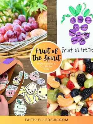 The image is a colorful collage made of four quadrants, centered around the theme of the Fruit of the Spirit, each quadrant showcasing a different visual element. The top left features a basket overflowing with grapes, alongside other fruits and plant leaves. The top right shows a hand-drawn image of a bunch of grapes, each grape having a handwritten word. The bottom left presents craft elements, including cut-out fruits with smiling faces, and a craft bag. The bottom right corner is a fruit salad. In the middle a circular design with the words "Fruit of the Spirit" surrounds text "Bible Lesson & Crafts for Kids". The color palette utilizes bright primary and secondary colors, with a focus on food and crafts.