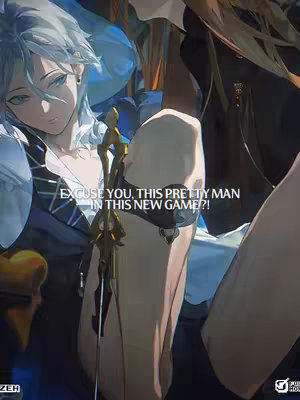 An anime-style illustration features two individuals, one with light blue hair and the other with darker hair, both dressed in ornate clothing. The foreground figure, with blue hair, partially obscures a sword and appears to be reclining. The image has a blue and gold color scheme, with soft shading and a focus on character design.