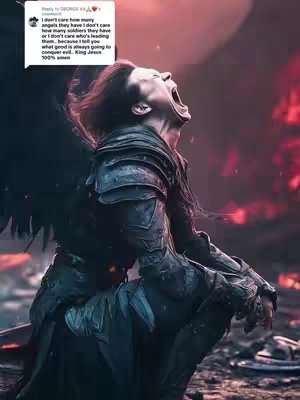 An AI-generated image depicts a crying figure with a dramatic pose, wearing armor and with a black wing. The background is blurry and suggests a fiery battle scene, with hues of red and dark tones dominating the palette. The image has a high level of detail with a focus on emotion and action.