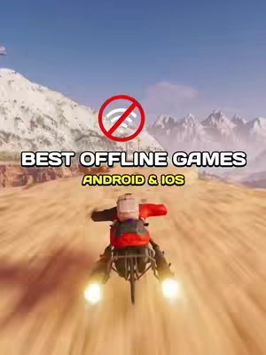 The cover image features a person riding a motorcycle-like vehicle on a sandy, desert-like terrain. Above the vehicle is a red circle with a crossed-out Wi-Fi symbol, signaling the video's content on offline gaming. The text elements "BEST OFFLINE GAMES" and "ANDROID & IOS" are clearly visible, displayed in bold, sans-serif fonts. The background shows distant mountains and a clear blue sky.