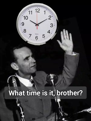 A black and white photo of a man in a suit giving a speech with a clock placed above his head. The clock is a standard round clock face. A text overlay reads, 'What time is it, brother?'