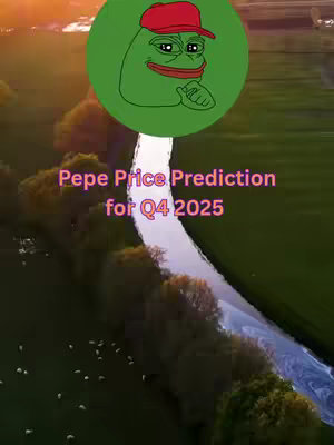 The cover image features a scenic landscape with a river winding through a valley and low-lying trees and shrubs. Above the landscape, a large green circle contains an illustration of the Pepe the Frog meme character wearing a red baseball cap. Below the circle, text in a pink color reads "Pepe Price Prediction for Q4 2025". The image composition has a bright and colorful quality, with an eye-catching design.