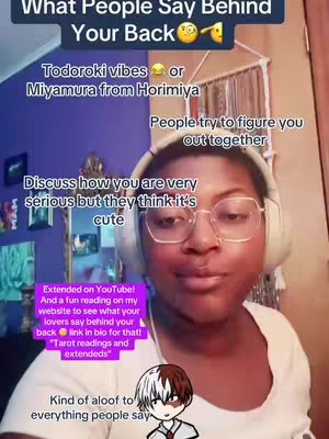 A selfie-style image featuring a Black woman with glasses and headphones. Text overlays include the title "What People Say Behind Your Back", character comparisons, and commentary relating to a reading by the content creator on the background. An anime character is visible in the bottom right.