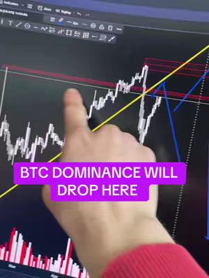 The cover image shows a hand with a red sleeve pointing to a line graph on a computer screen. The graph has white lines on a dark background with some areas highlighted with yellow and blue lines. A text overlay in a pink rectangle reads "BTC DOMINANCE WILL DROP HERE."