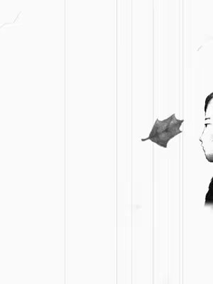 A black and white minimalist illustration showing a woman's profile to the right with a leaf suspended in mid-air, vertical lines fade into the left side