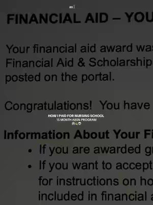 A screenshot of text from a financial aid portal. Key phrases include "FINANCIAL AID" and "Congratulations!". The text is simple and uses a readable sans-serif font. The layout is basic. The background is a gradient of dark gray and the text is white. The bottom includes branding.
