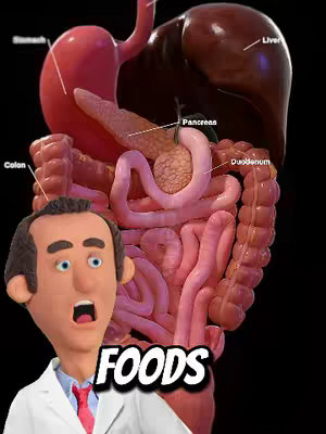 The image presents a simplified anatomical illustration of the human digestive system against a black background. Overlaid on the image is a cartoonish male figure, styled as a doctor or health expert, with an open-mouthed expression of surprise or concern appearing in front of the body illustration. White text with a black outline on a white background reads "FOODS" near the bottom of the screen.