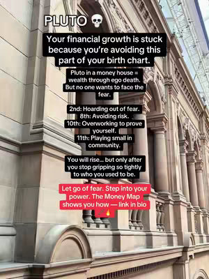 The image showcases a vertical composition of a building facade with classical architectural elements, featuring columns and arches. Overlayed on the image are text boxes with white text on black and red backgrounds. The text contains astrological insights about the house. At the top, the word 'PLUTO' is written with a skull next to it adding an edgy, perhaps mysterious, visual element. The layout is simple, focusing visual elements and a central call to action.