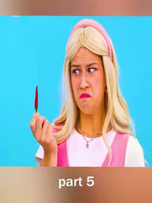 A woman with blonde hair, wearing a pink headband and top, makes a disgusted face while holding a red chili pepper. The background is a solid light blue. The text "part 5" is at the bottom overlaid on a shaded neutral color.