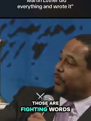A man is speaking in front of a blurred blue background, the top shows a line of text. At the bottom are the words "THOSE ARE FIGHTING WORDS" in bold with an icon of crossed swords overlaying the text.