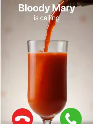 The image features a glass of tomato juice with liquor being poured into it, set against a light background. At the bottom are the red and green call buttons.