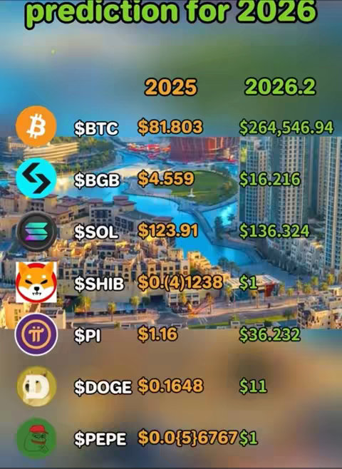 A visual presentation featuring a landscape background with cityscape elements and a table overlay displaying cryptocurrency predictions for 2025 and 2026. The table includes cryptocurrency symbols and projected values.