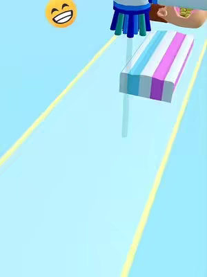 A 3D rendering features a light blue backdrop with parallel yellow lines, resembling lanes. Above, a tooth being cleaned is depicted with a toothbrush, gold tooth, and a smiling emoji hovering. Centered in the scene is a colorful, striped block.