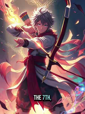 An anime-style illustration of a male character in a white and red outfit, drawing a bow and arrow. He has white hair and is surrounded by flames and energy effects. The background is a mix of purples and blues with streaks of light.