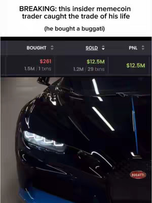 The image features a sleek, black Bugatti car, prominently displaying its front end with the headlights illuminated and the Bugatti logo visible. Overlayed on top is data showing financial information, which suggests a crypto context.