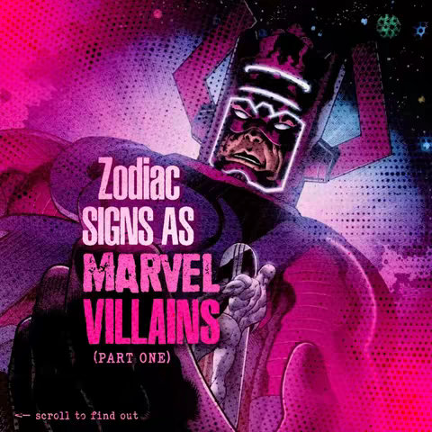 The image is a vibrant, comic-style depiction of Galactus, a Marvel Comics character. The background transitions from a deep purple to a bright pink on the top left, giving a sense of cosmic depth and energy. In the foreground, Galactus is prominently featured, rendered in shades of purple, with a stern expression framed by a helmet in stark white. Text overlays, in a dynamic pink and white font, spell out "ZODIAC SIGNS AS MARVEL VILLAINS" and smaller text says "(PART ONE)" providing context to the content. The lower left corner includes a call to action, "scroll to find out", indicated with an arrow.