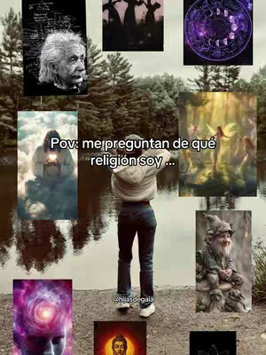 The image is a collage. In the middle the person is standing near a body of water, facing away from the camera, with their back toward the viewer. Surrounding them are framed images: Einstein's photograph, celestial bodies, fairies and angels, mystical figures and other spiritual images. The scene is set outside on a lake shore.