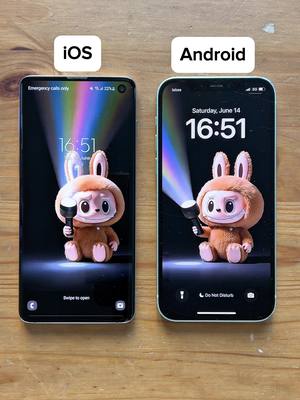 Two smartphones, one iOS and one Android, are placed side-by-side on a wooden surface. Each phone displays a screen with a Labubu character live wallpaper holding a flashlight. Above each phone is a white rectangular label denoting the operating system. The overall composition is well-lit and the devices appear to be centered.