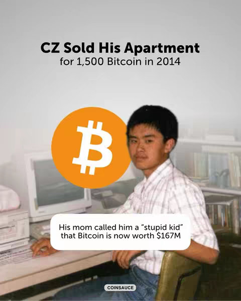 The image has a light gray background with the text overlayed in a dark, bold font. In the middle a big orange bitcoin sign and a young man in a plaid shirt.