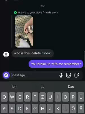 A screenshot of a phone screen showing a text conversation and an embedded image. The background is dark with the text messages in white font within speech bubbles. There's a picture of two hands holding each other in the embedded image above the text chain.