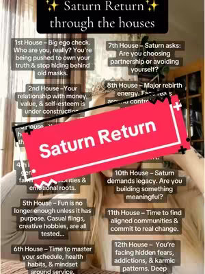 The image is a slideshow-style graphic. The main element is a central rectangular box with the text "Saturn Return" in a red gradient against a white background. Around this are bullet points each describing a different house in astrology and what it means for the Saturn Return. On the left side of the screen you can see the top halfs of two women.