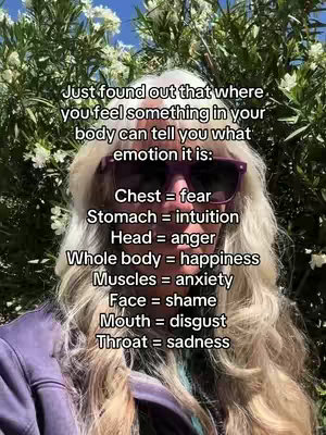 A woman with long blonde hair and sunglasses is the main subject. Text overlays the image, listing emotions and associated body sensations. A lush green background of foliage provides a natural setting.