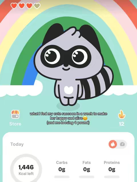 A cartoon image featuring a raccoon character with large eyes. The raccoon is in front of a rainbow background. Superimposed on the image is an app interface displaying health metrics.