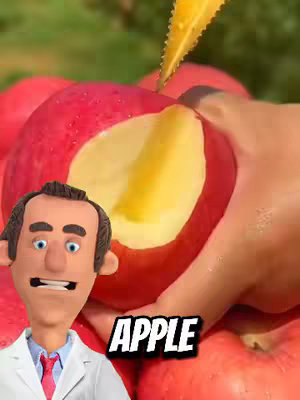 The image shows a close-up of a red apple being cut open, revealing its white and yellow flesh. A cartoon doctor character is placed in the lower left corner, pointing to the apple. Below the apple and the doctor, the word "APPLE" in bold white letters with a black outline is added.