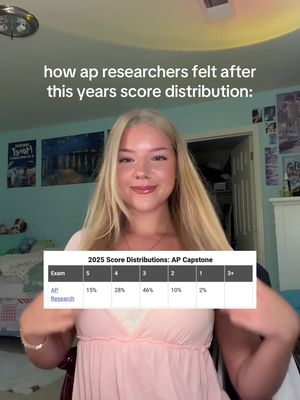 A young woman with long blonde hair smiles at the camera, holding a table of AP Research scores. Text overlays at the top explain the context. The background includes a bedroom setting, with blue walls and decor.