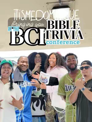 A group of six people, diverse in appearance, are smiling and looking at the camera. A text overlay at the top promotes 'Bible Trivia at the BCI Conference.'