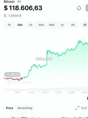 The cover image shows a screen capture of a financial application, likely tracking Bitcoin's value. The top portion shows the Bitcoin label, a numbered ranking, and a current value of $118,606.63. Beneath this, there is a graph displaying price fluctuations with a line transitioning from red to green, suggesting a price increase. Annotations on the graph show price points like $130,000, indicating a significant level. Time increments like 1h, 24h, 7d, and 90d are displayed. The overall layout suggests a financial analysis or update on the cryptocurrency's performance.