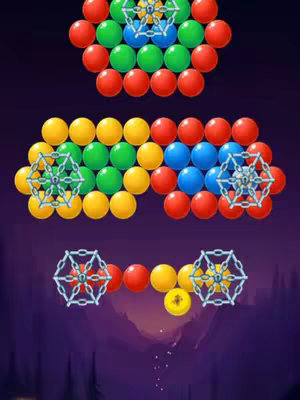 The image showcases a vibrant, cartoonish game interface. It features a background of a dark purplish hue, likely representing a night or dusk setting. The main elements are colorful bubbles arranged in various clusters. There are three main sections: two upper groups of bubbles and a lower group. Each cluster has a distinct arrangement. The image also includes decorative chain-like patterns overlaid, which might represent a blockade or obstacle concept. The bubbles are primarily red, green, blue, and yellow, with some isolated yellow bubbles or a yellow bubble. The game appears to be a bubble-shooting puzzle, with an overall bright and playful aesthetic.