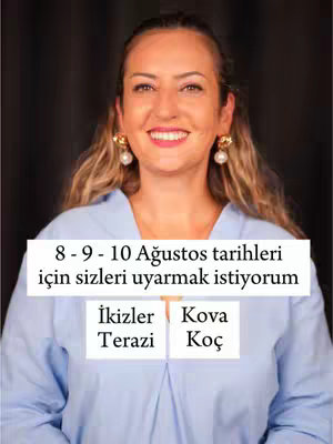 A woman with blonde hair smiles at the camera. The background is dark and blurred. On the woman's chest is an overlaid white rectangle with text in black about the dates of August 8, 9, and 10, and the signs Gemini, Aquarius, Libra, and Aries.