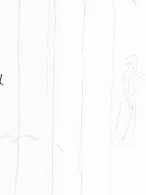A minimalist sketch art composition, utilizing light and shadow to define imagery. Vertical lines create a backdrop pattern, against which a stylized figure of a person wearing a hat and possibly a simple top is positioned on the right. Some loose lines give hints, suggesting a soft, ethereal aesthetic. Very light color palette.