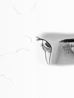 A stylized, monochromatic illustration of a human eye against a white background. The eye is partially visible on the right side of the image, with eyelashes and eyebrow details drawn in black. The eye is looking upwards, and the iris and pupil are carefully shaded to give depth. To the left of the eye, the background appears to be fading, with wispy, abstract shapes drifting across the blank space.
