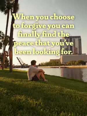 A person sits with their back to the camera on a grassy hill overlooking a body of water. The sky is overcast, and in the background, there's a cityscape with tall buildings. Text overlies the image.