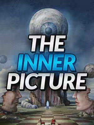 The cover image features a surreal, dreamlike composition. In the sky a large eye-like planet dominates. Below, a fantastical landscape unfolds, with a central structure resembling a tree or rock formation with a pathway leading to a distant figure. Two side profiles of human faces are positioned on either side of the scene. The text overlay 'THE INNER PICTURE' stands out boldly. The color palette includes shades of blue, gray, and brown with a mix of surreal and dreamlike elements with a strong visual impact.