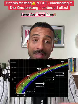 A man with a mustache is centered in the frame, smiling and looking at the camera with a chart behind him. The background features a framed picture and a bookshelf with different objects on it. A graph representing cryptocurrency growth is overlaid in the bottom center, with annotations and labels.