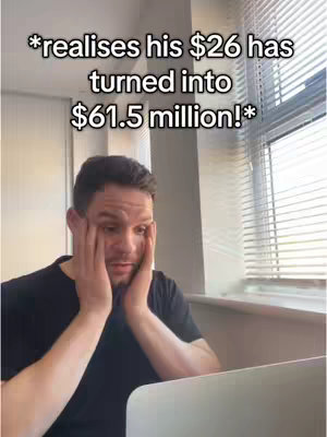 The cover image shows a man with fair skin, dark hair, and a black t-shirt, reacting with a look of shock. His hands are on his face, as if in disbelief. In the background, there's a window with blinds. The overlay text states that his $26 turned into $61.5 million.