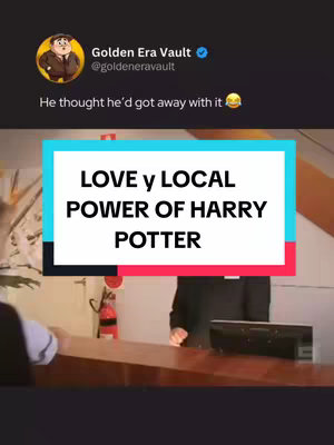 The video cover image features a scene with a man standing behind a counter, overlaid with text. The text reads "LOVE y LOCAL POWER OF HARRY POTTER" in bold, white letters against a teal and red background. Above this overlay, there's a Twitter handle "Golden Era Vault" and the text "He thought he'd got away with it". The background shows a room with neutral tones, a fire extinguisher, and a glimpse of another person on the left.
