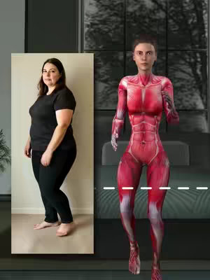 The cover image is a split composition. On the left, a woman stands facing the camera, set against a plain wall; she wears black attire, offering a before view. The right side features a 3D anatomical model of a woman in a workout pose with her muscles visible; an animated exercise is being shown.