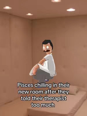 The image shows a beige room with a bed and a character from the animated sitcom 'Bob's Burgers' sitting in the middle. Decorative lights are placed on the ceiling. Text at the bottom states, 'Pisces chilling in their new room after they told their therapist too much'.