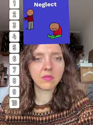 A selfie-style video cover with a female in the foreground. She has medium-length brown hair and is looking directly at the camera with a neutral expression. The background is cluttered, and a graphic overlay in the top center of the frame features two stick figures depicting neglect, with text reading "Neglect."
