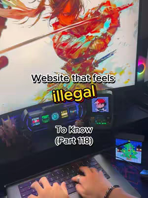 A vertical shot shows a desk setup with a laptop and other electronic devices. On the computer screen is a digital illustration above text that reads, Website that feels illegal. In the foreground is a person typing on a laptop keyboard. Other devices are on the desk, including various decorative items, creating a tech-focused atmosphere.