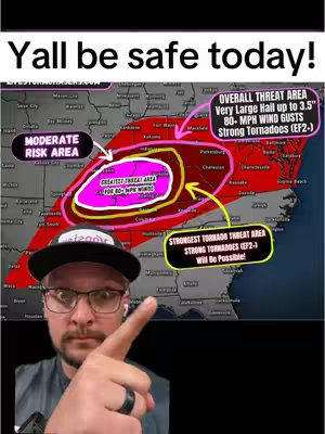 The cover image shows a man with glasses and a black cap pointing towards a weather map detailing a severe weather risk area, with the top portion showing text "Yall be safe today!".